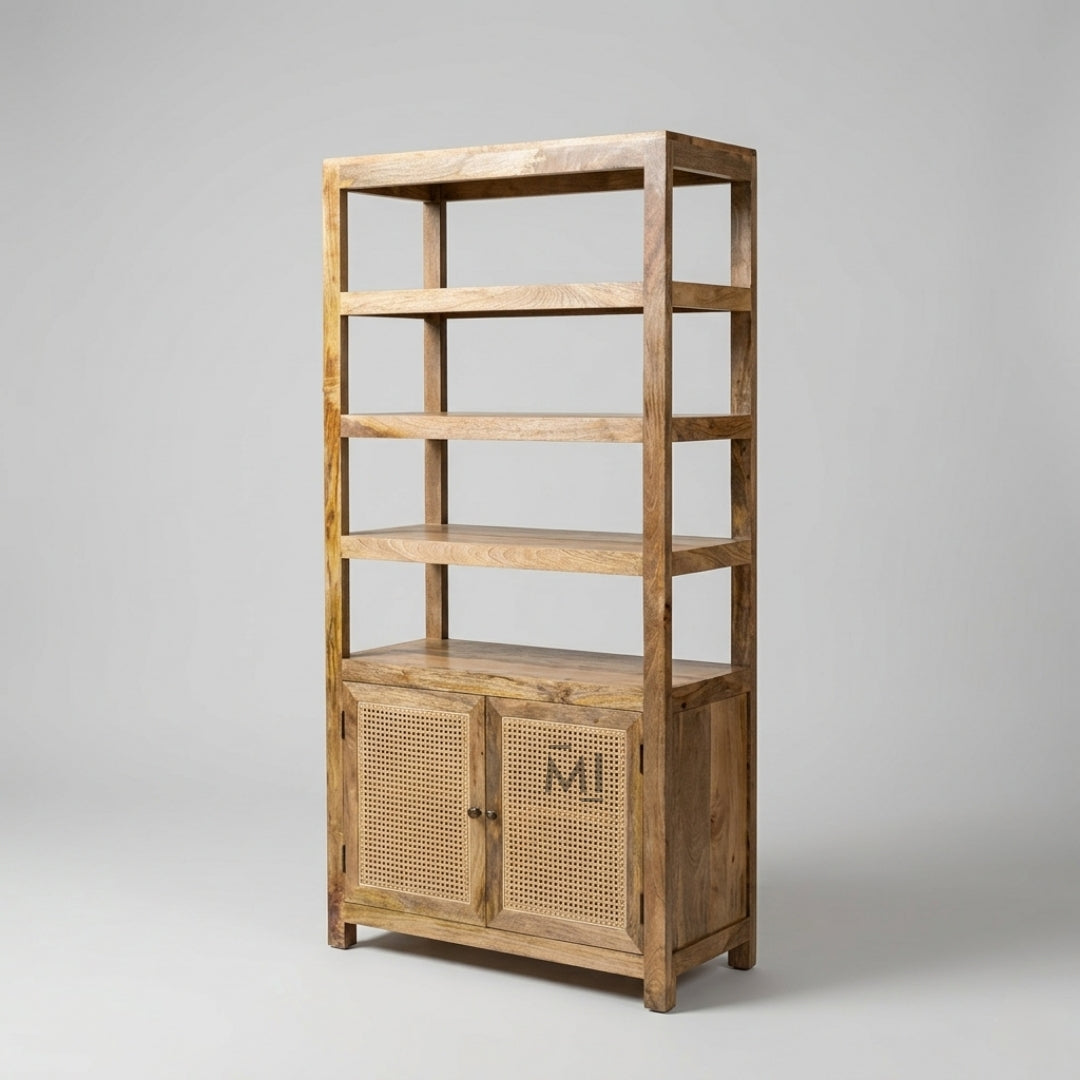 Wooden bookshelf with a cabinet on a gray background