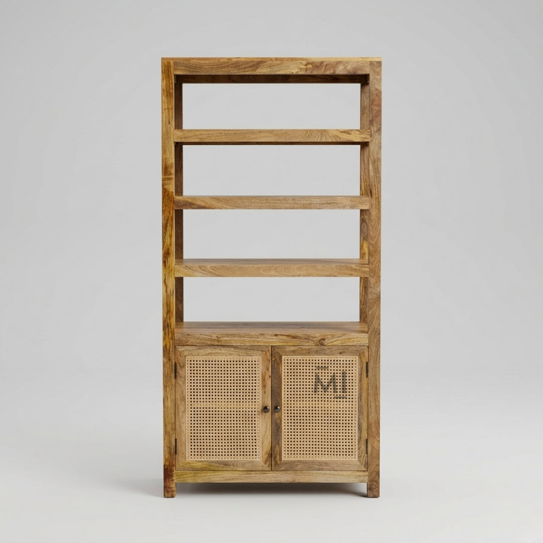 Wooden bookshelf with a rattan door on a gray background