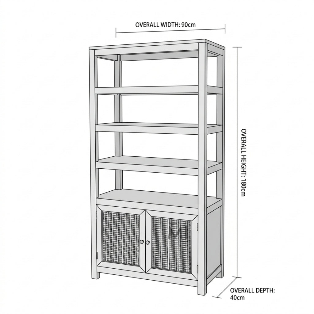 CaneCraft Wooden Bookshelf Cabinet | Rattan Storage Unit