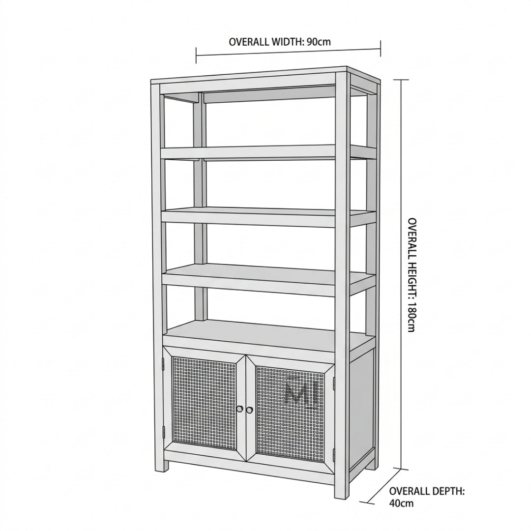 CaneCraft Wooden Bookshelf Cabinet | Rattan Storage Unit