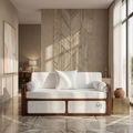White sofa with wooden frame in a modern living room