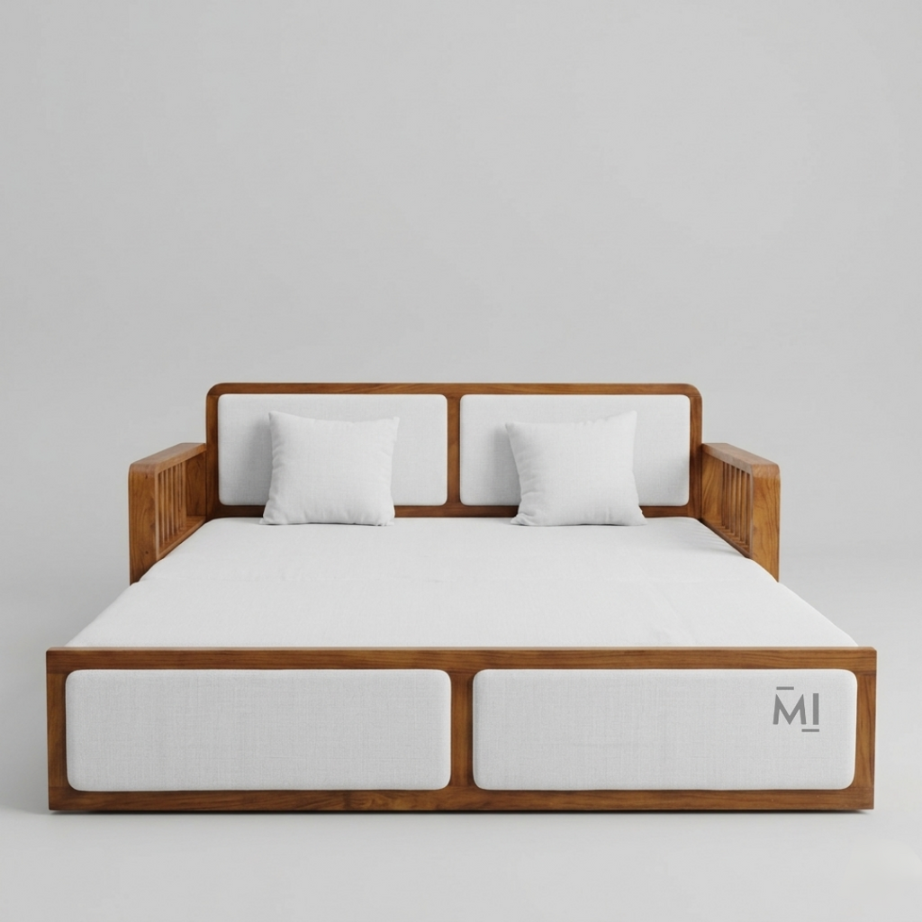 Wooden bed frame with white mattress and pillows on a gray background