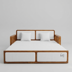 Wooden bed frame with white mattress and pillows on a gray background