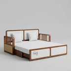 Wooden bed frame with white mattress and pillows on a gray background