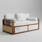 Wooden sofa with white cushions on a gray background