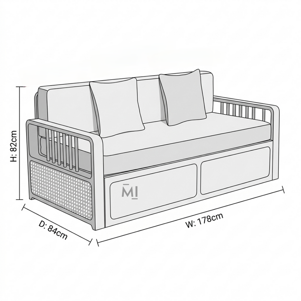 Dimensions of a pet bed with white cushions on a white background