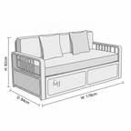 Dimensions of a pet bed with white cushions on a white background