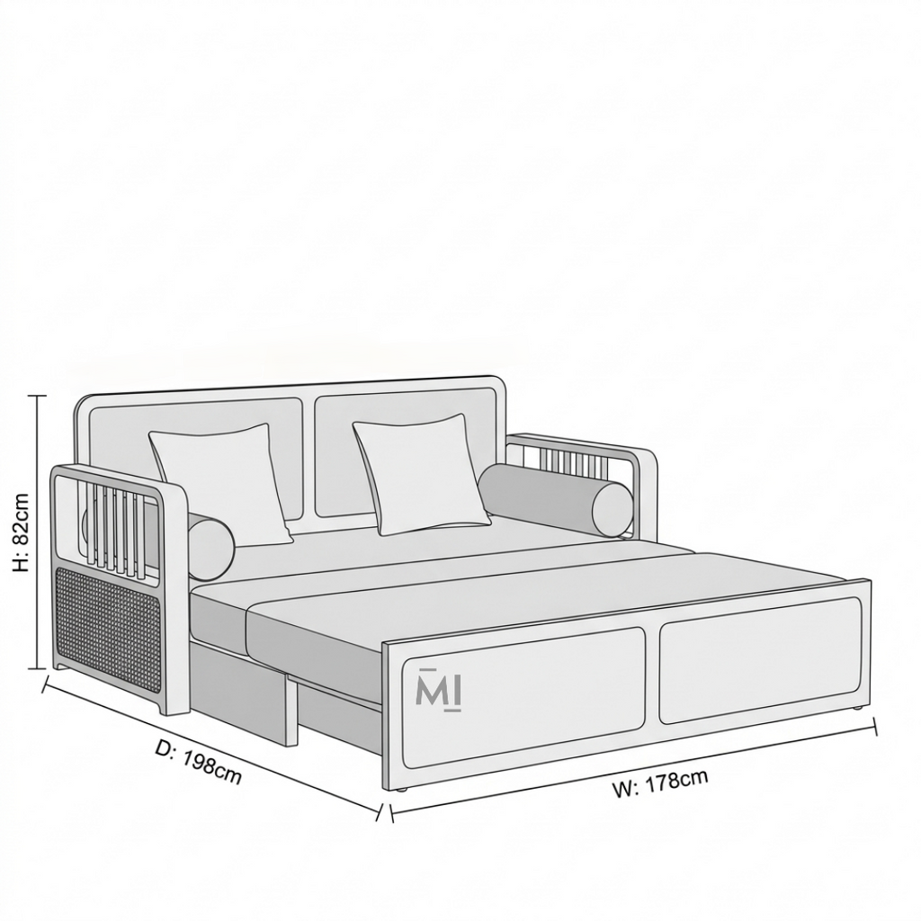Measurement chart of a bed with dimensions labeled