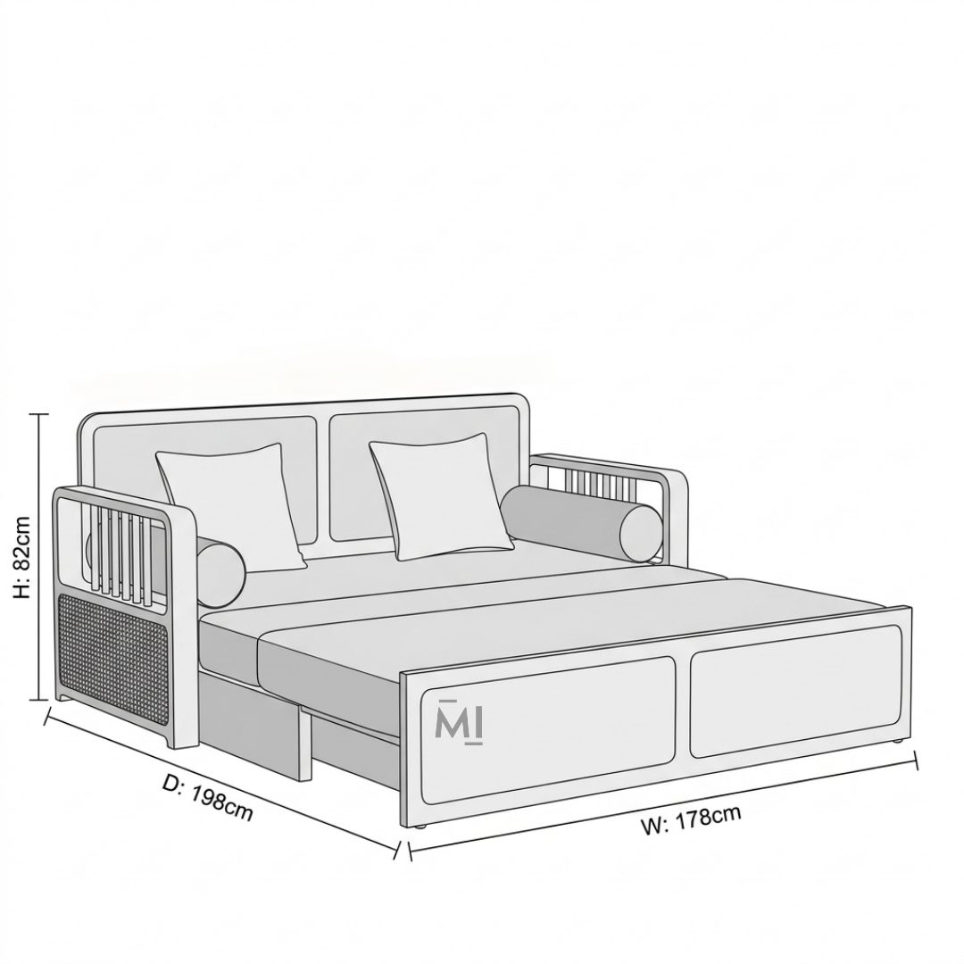 Measurement chart of a bed with dimensions labeled