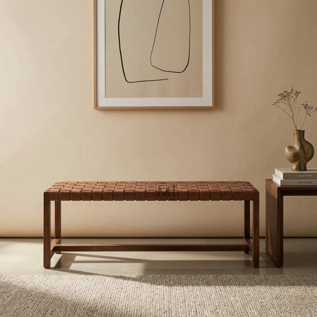 Modern solid wood bench with handwoven leather strap seat in walnut finish for contemporary interiors