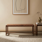 Modern solid wood bench with handwoven leather strap seat in walnut finish for contemporary interiors