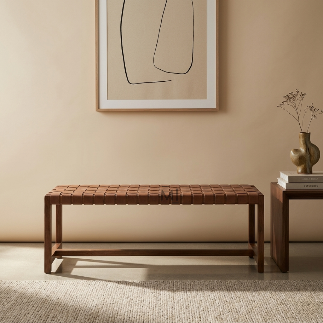 Modern solid wood bench with handwoven leather strap seat in walnut finish for contemporary interiors