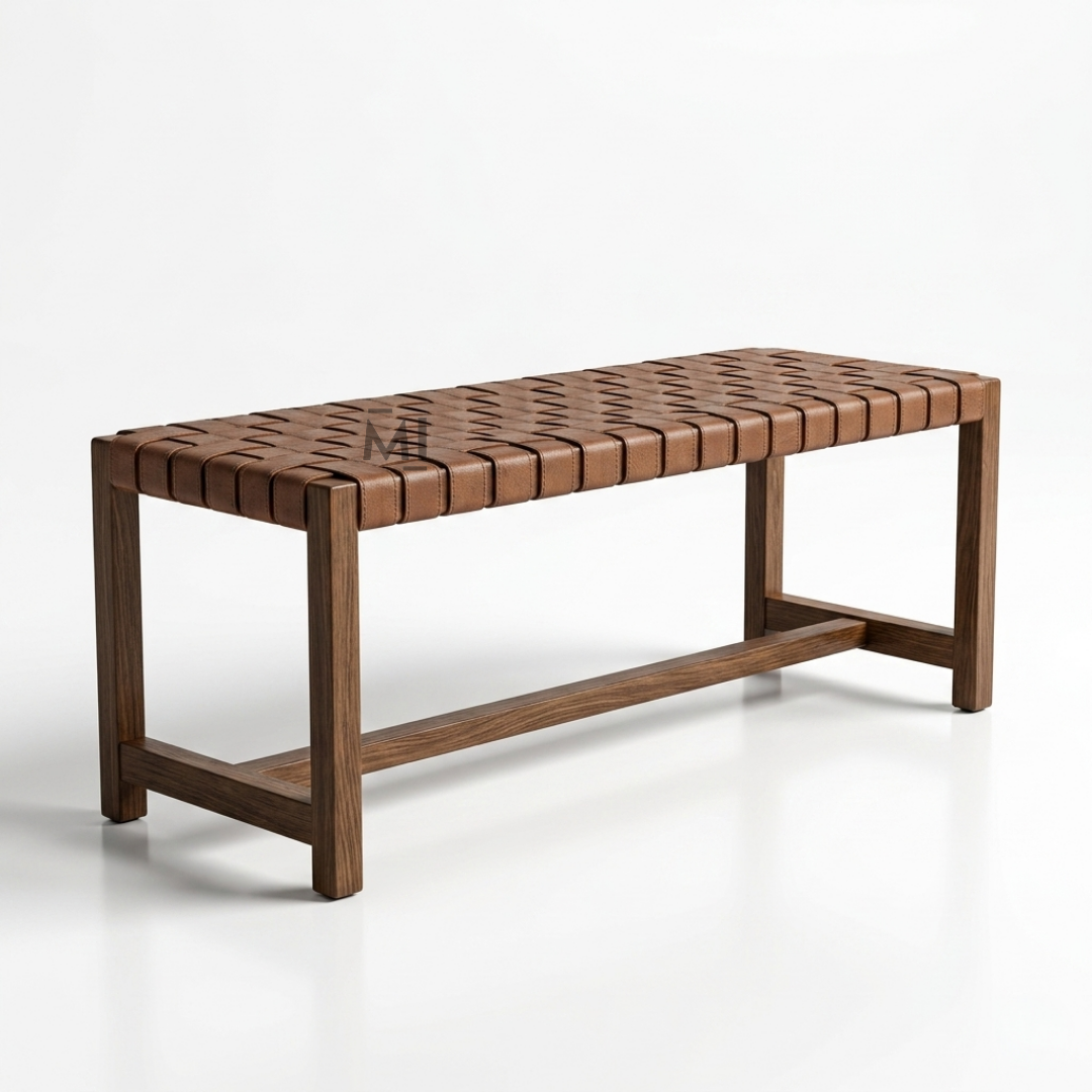 Wooden bench with woven seat on a white background