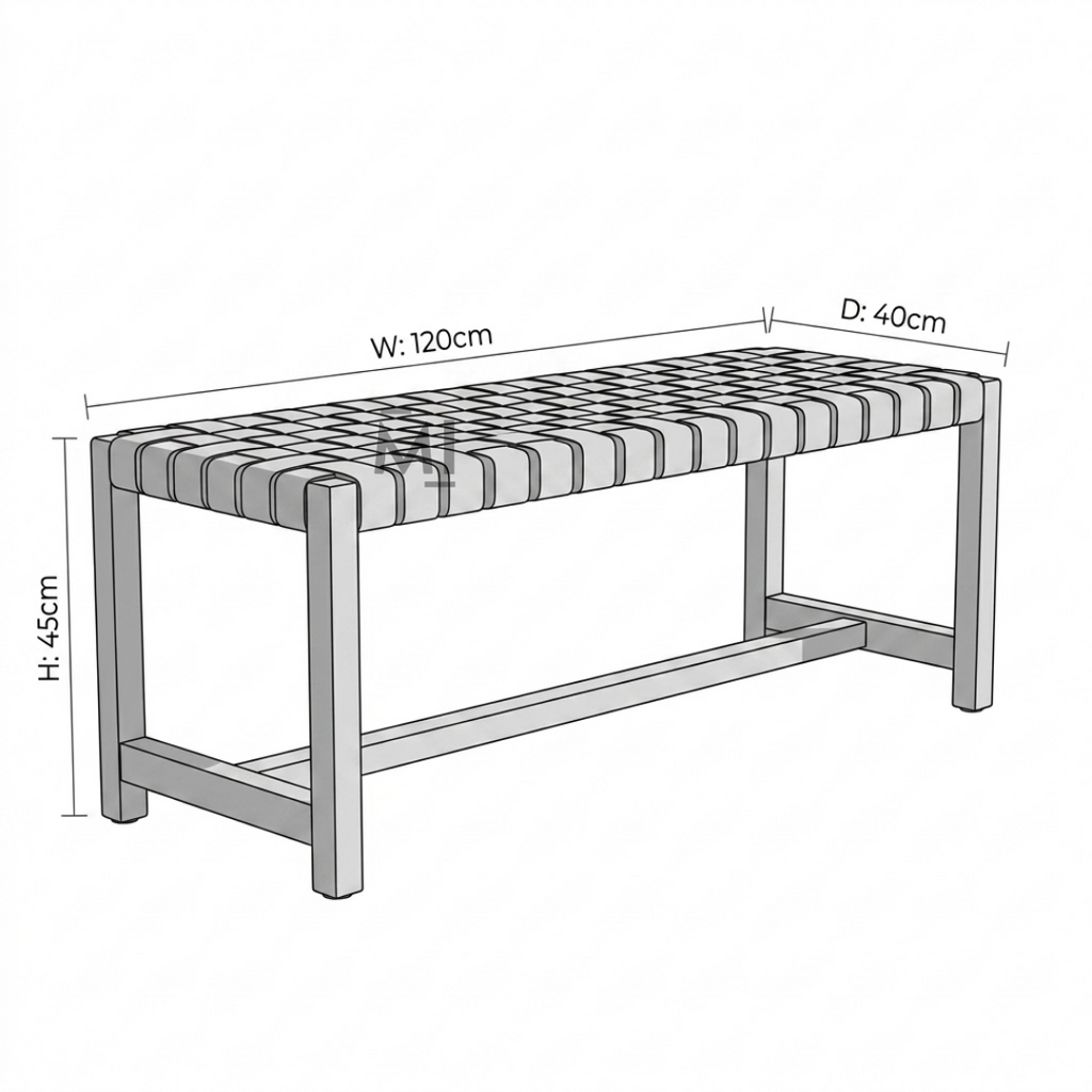 Measurement chart of a bench with dimensions labeled