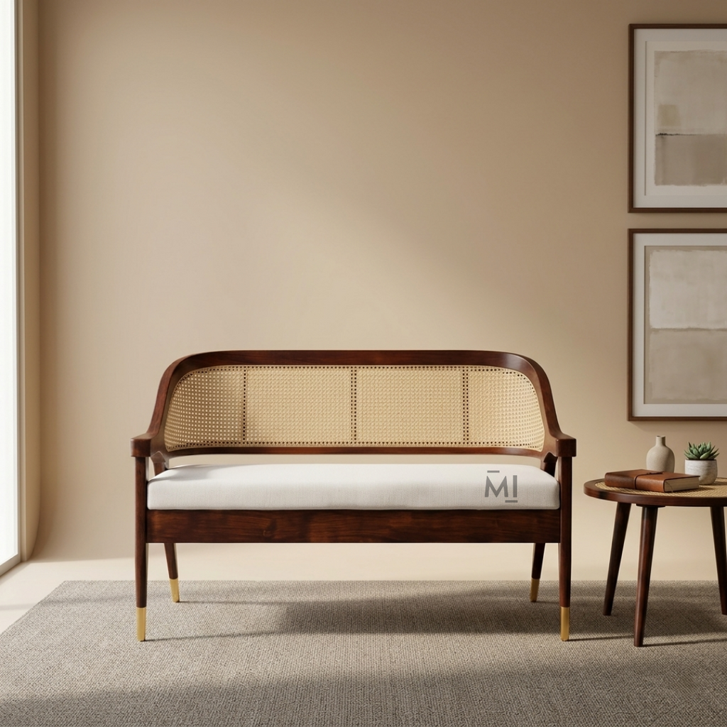 Wooden sofa with wicker backrest in a room with beige walls and a small table.