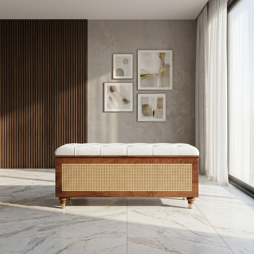 Upholstered solid wood cane storage trunk with hidden storage