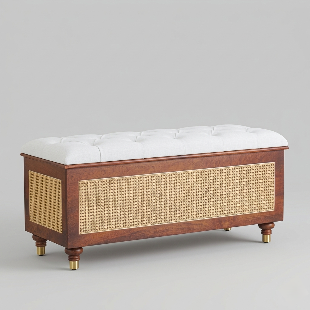 Luxury cane bench with tufted seat and lift-top storage