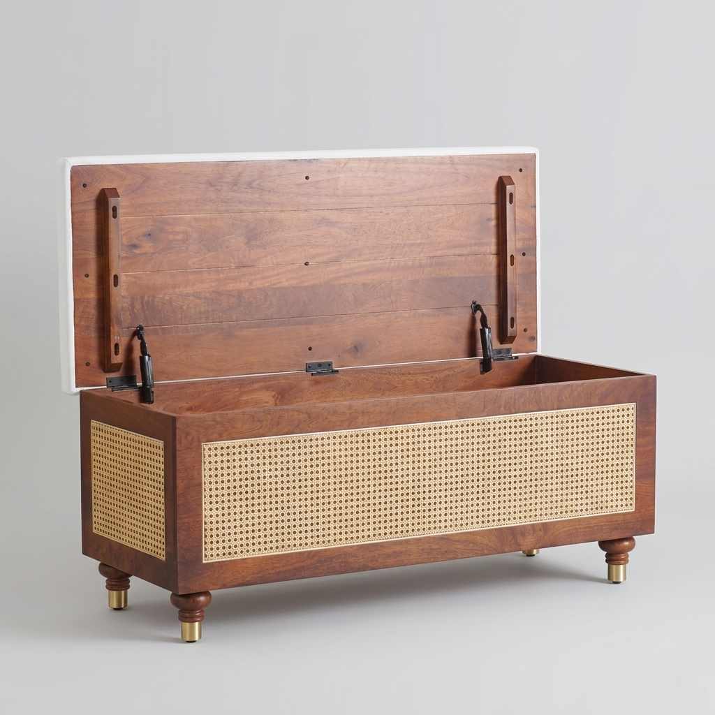 Handcrafted wooden storage trunk with woven cane panel detailing