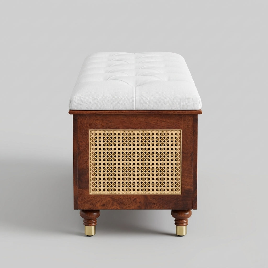 CaneLuxe Upholstered Storage Trunk | Solid Wood Cane Bench with Hidden Storage