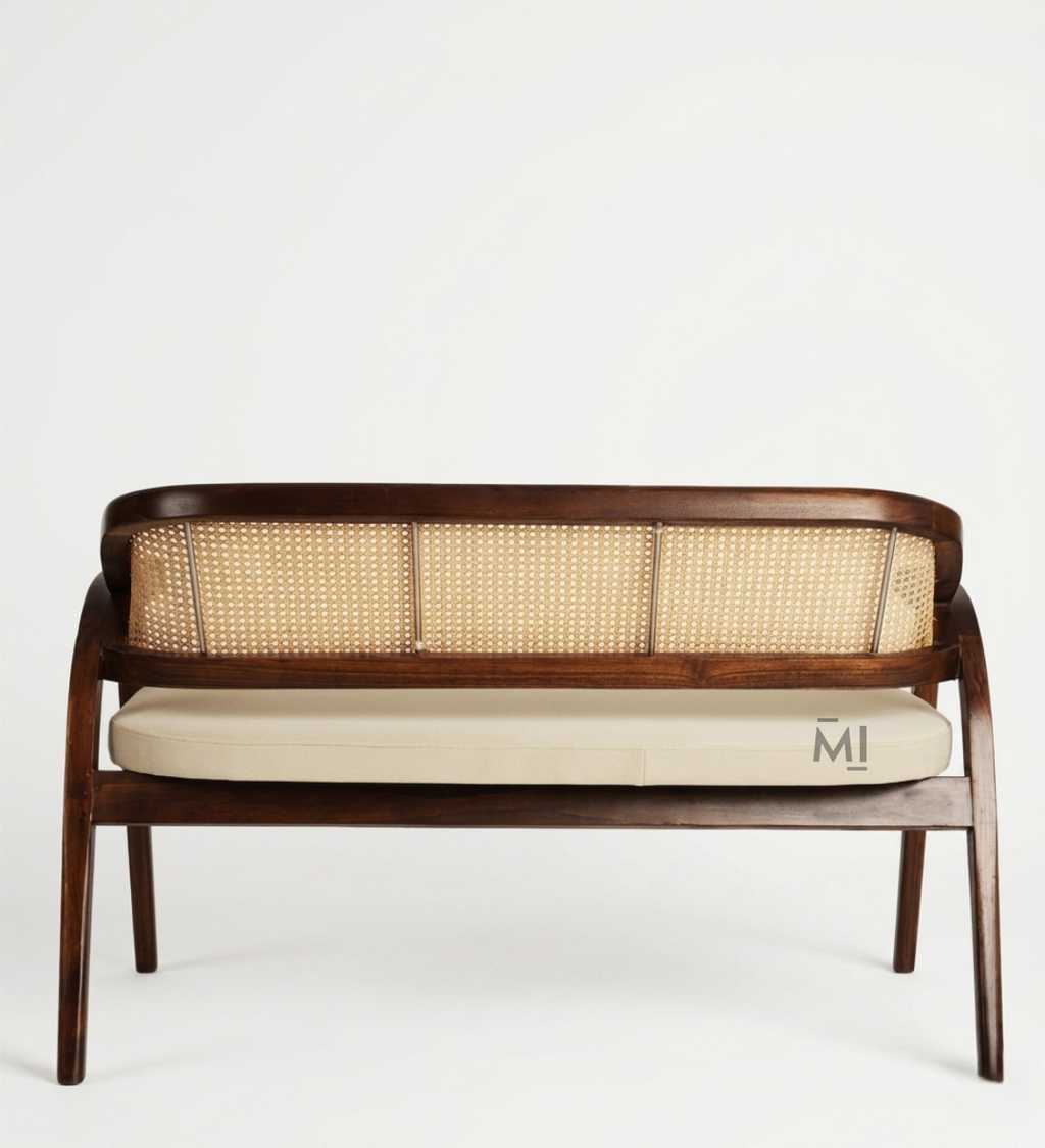 CaneVista Solid Wood Lounge Bench | Modern Rattan Cane Accent Bench