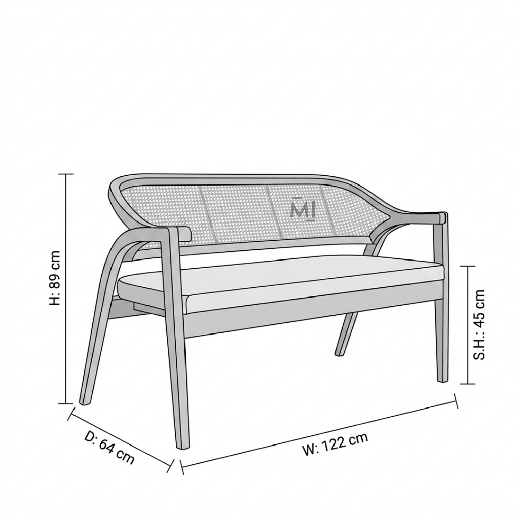 CaneVista Solid Wood Lounge Bench | Modern Rattan Cane Accent Bench
