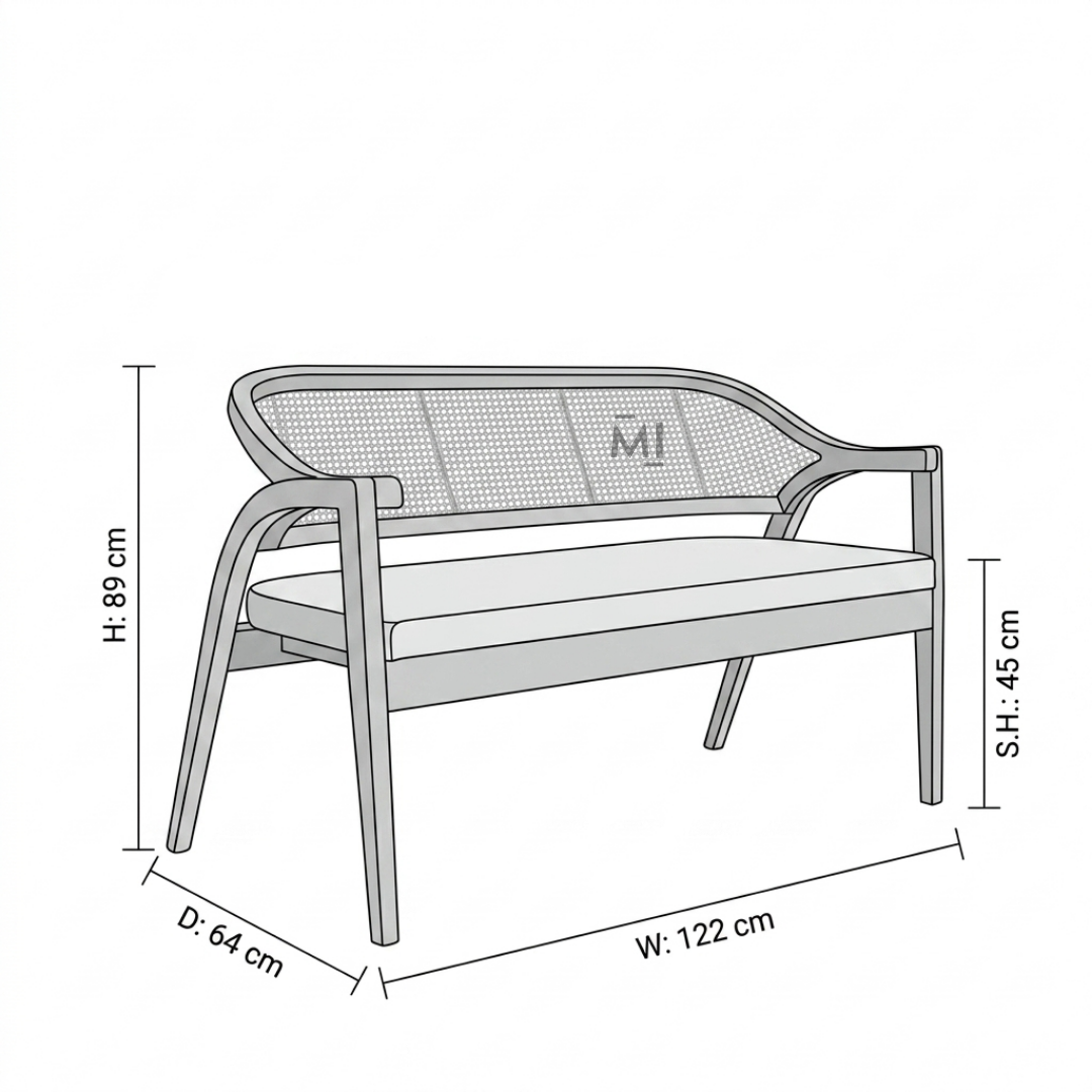 CaneVista Solid Wood Lounge Bench | Modern Rattan Cane Accent Bench