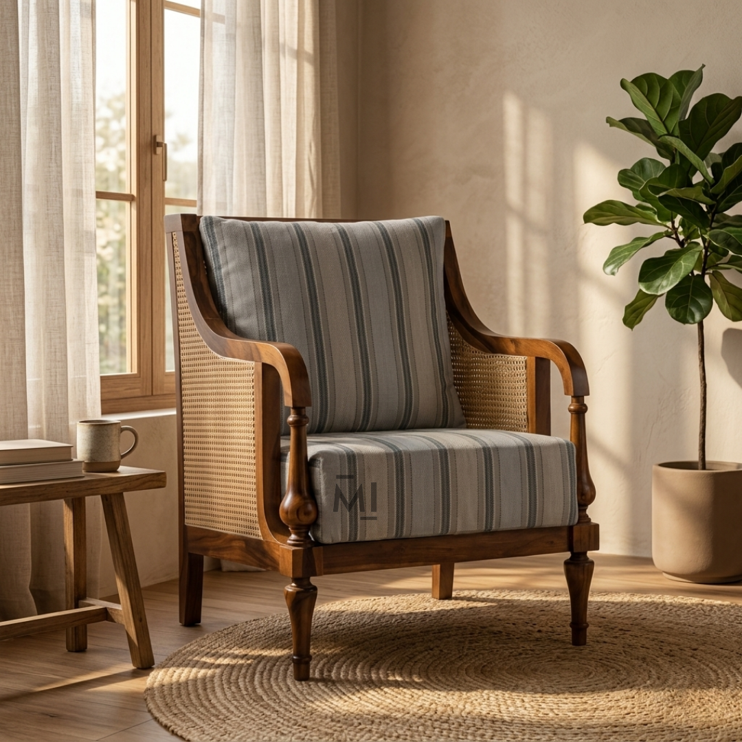 Classic cane accent chair with striped upholstery and solid wood frame