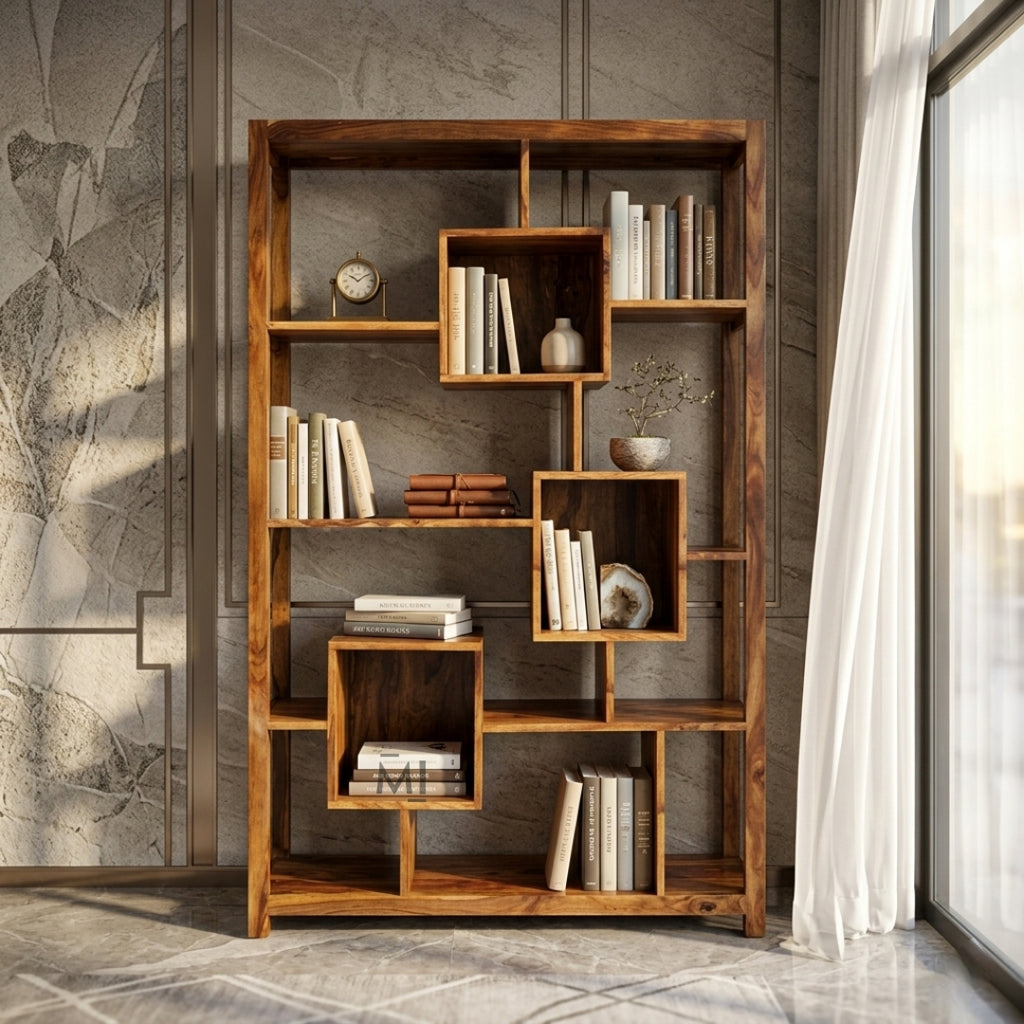 geometric wooden display shelf