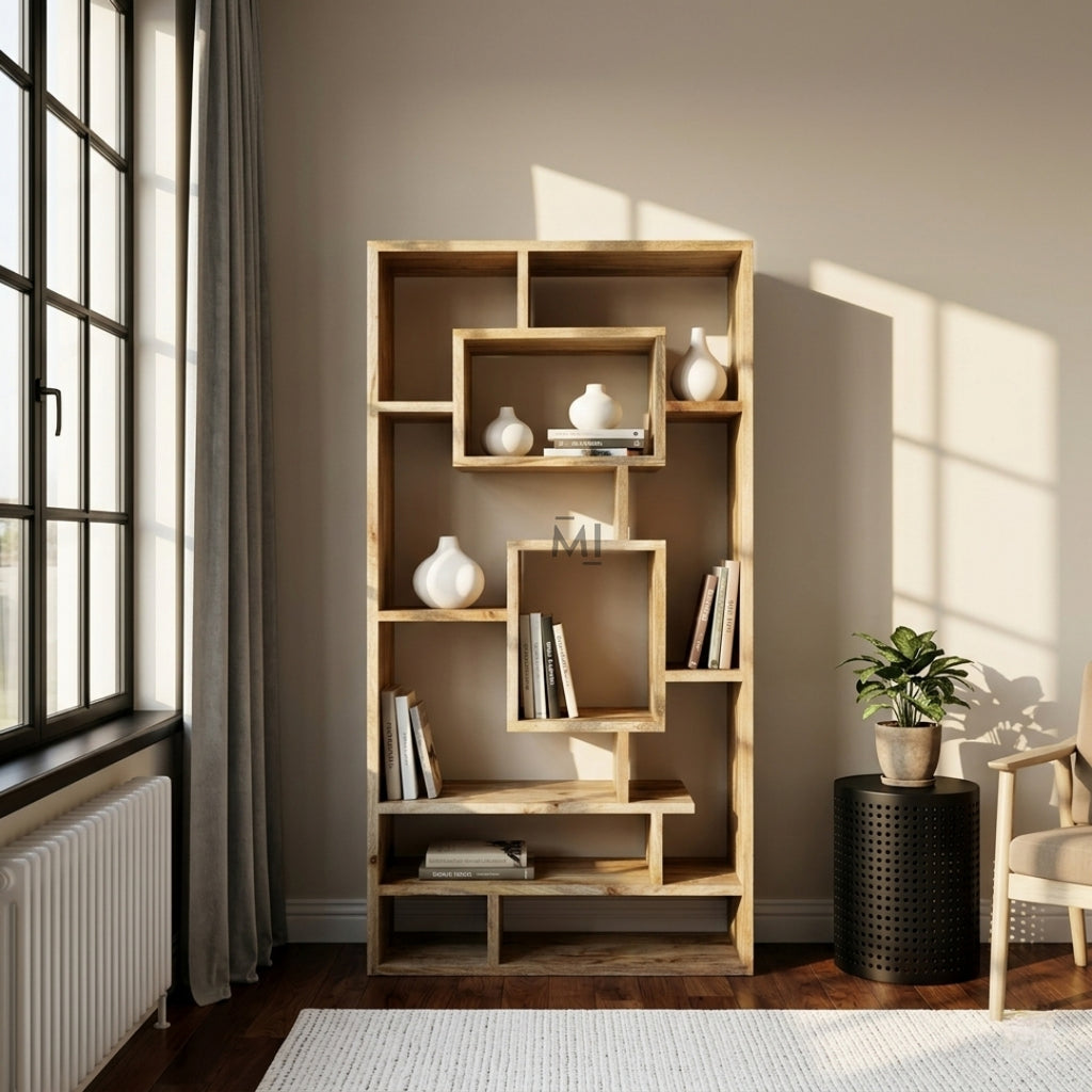 Wooden bookshelf with decorative items in a room with a window and chair.