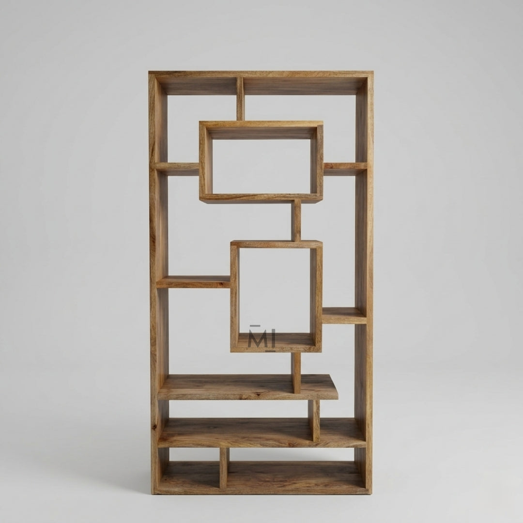 Wooden bookshelf with geometric design on a gray background