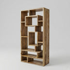 Wooden bookshelf with geometric design on a gray background