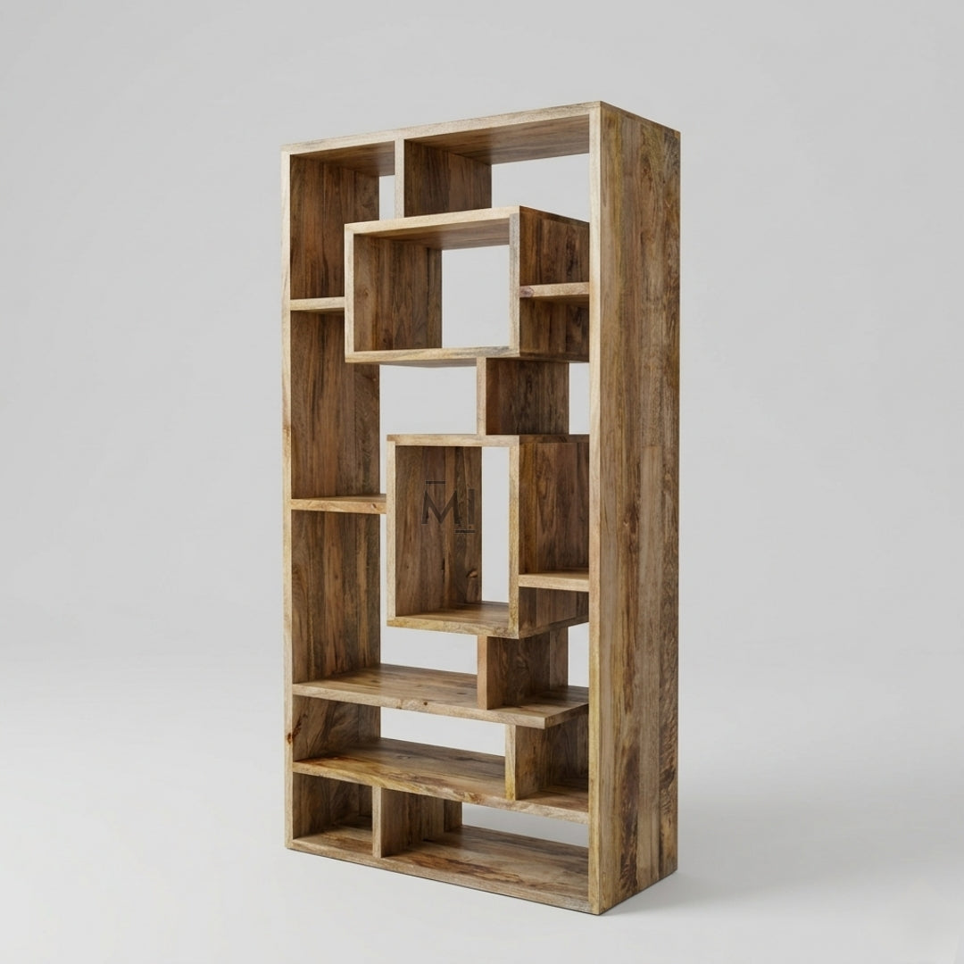 Wooden bookshelf with geometric design on a gray background
