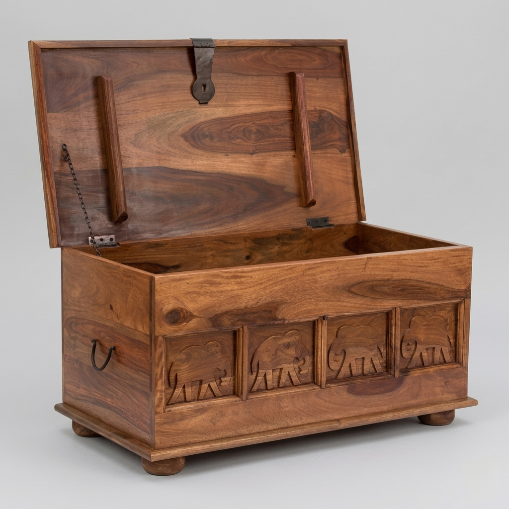 ElephantCraft Solid Wood Storage Trunk | Hand-Carved Rustic Blanket Chest