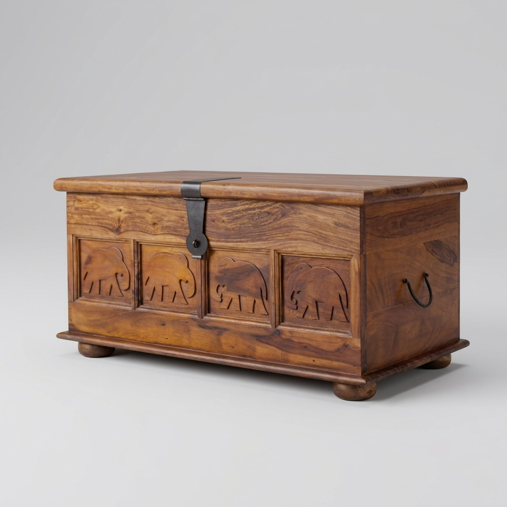 ElephantCraft Solid Wood Storage Trunk | Hand-Carved Rustic Blanket Chest