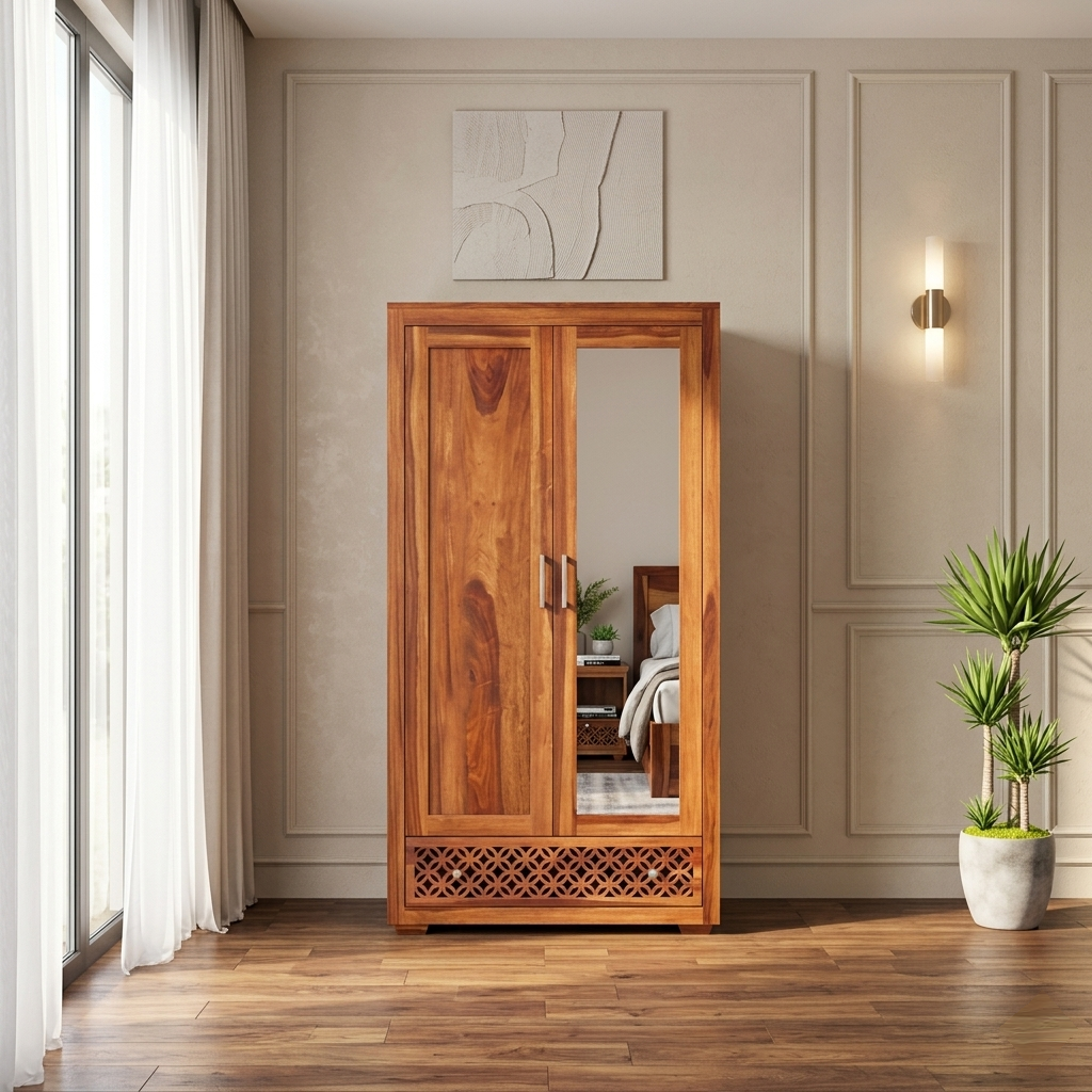 Elira wooden wardrobe with mirror storage furniture for bedroom in India