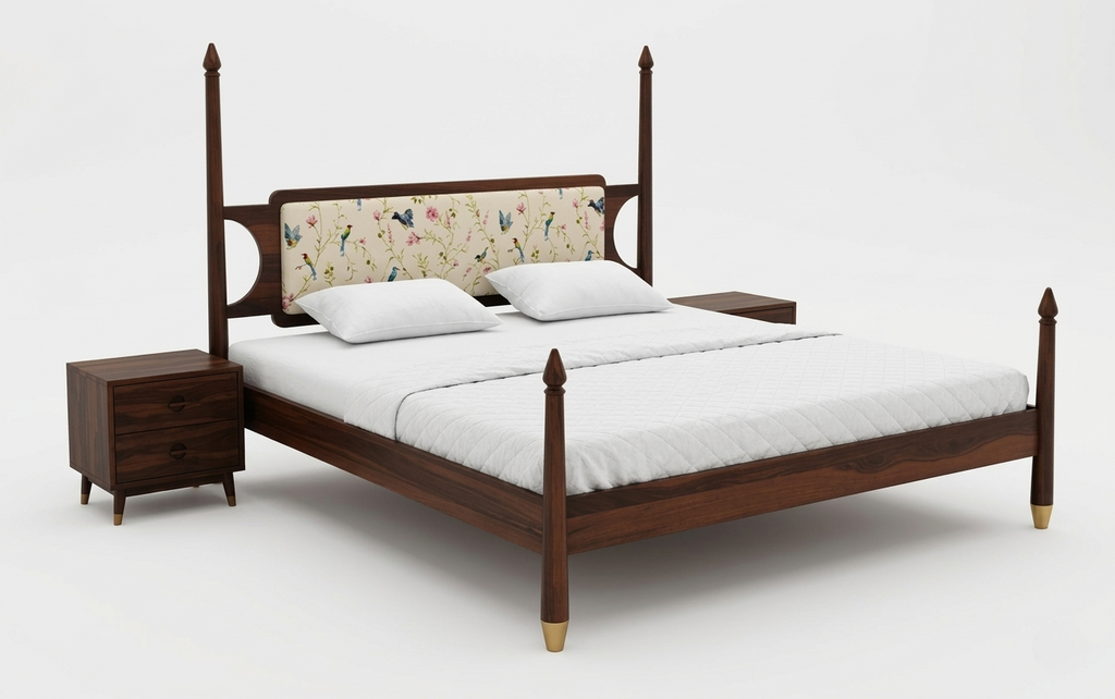 Wooden poster bed with floral upholstered headboard luxury bedroom furniture in Jodhpur India