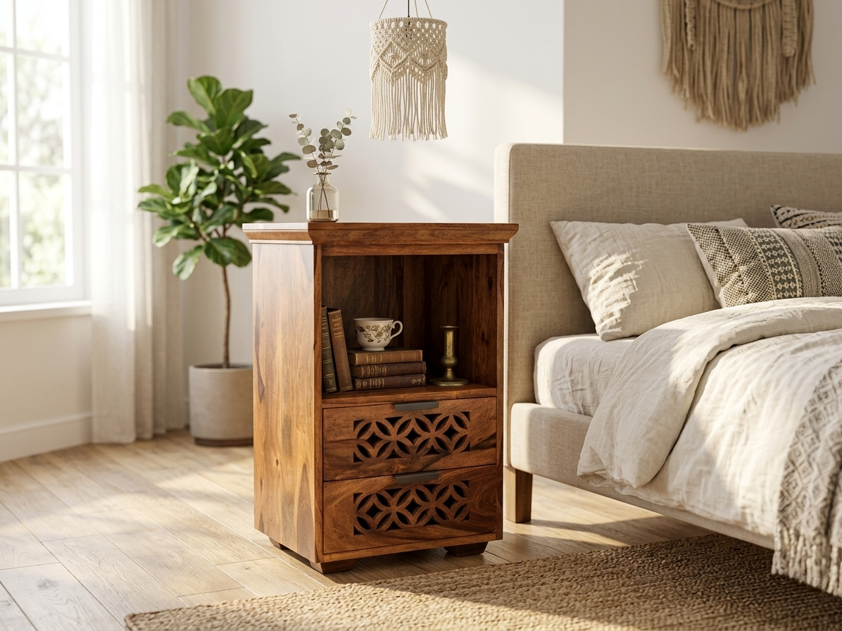 Solid wood bedside table with carved drawers and open shelf storage beside a modern bed in walnut finish