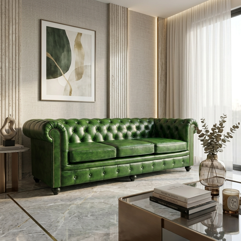 Emerald Chesterfield Leather Sofa | Luxury Green Tufted Couch