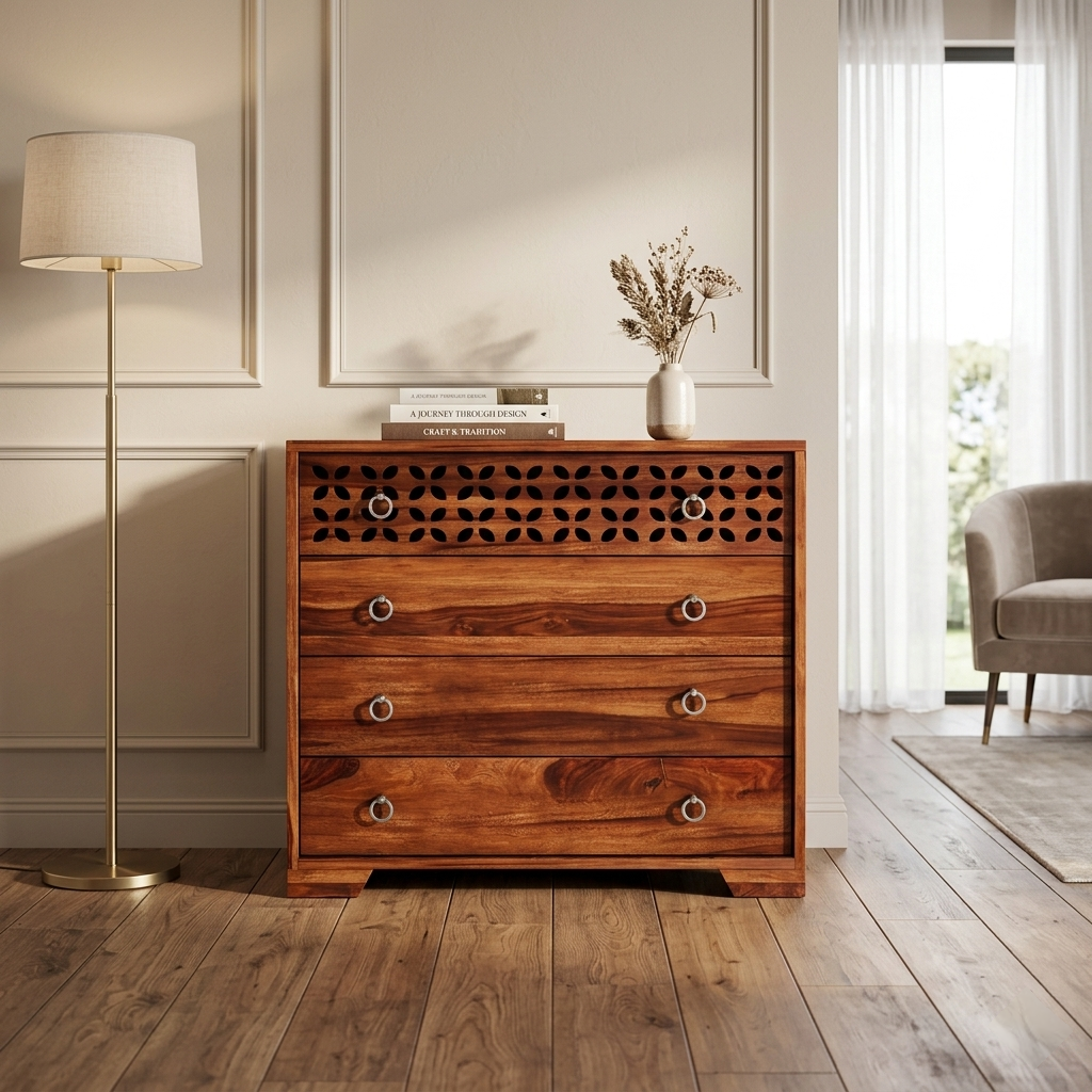 Modern wooden chest of drawers with carved floral design and multiple storage drawers cabinet