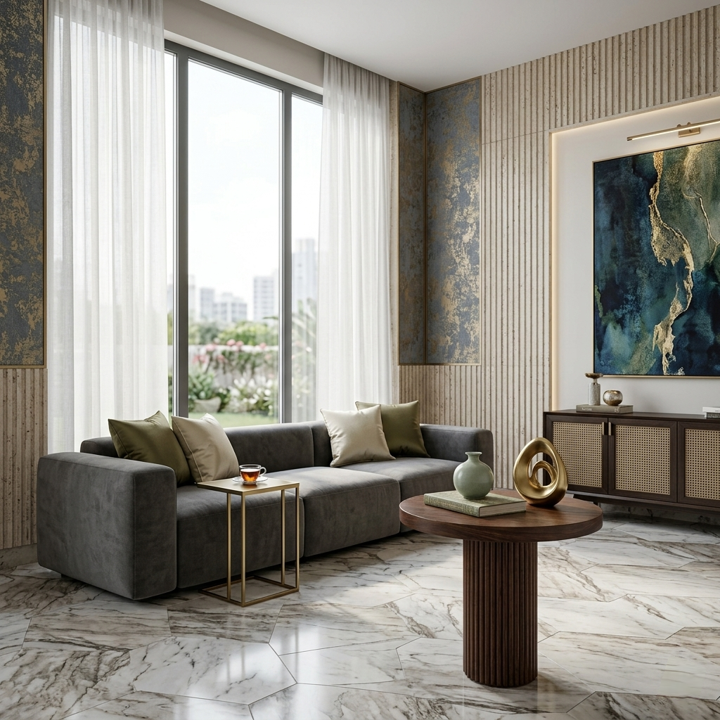 Modern living room with a gray sectional sofa, marble floor, and abstract art on the wall.