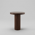 Wooden side table with a cylindrical base on a gray background