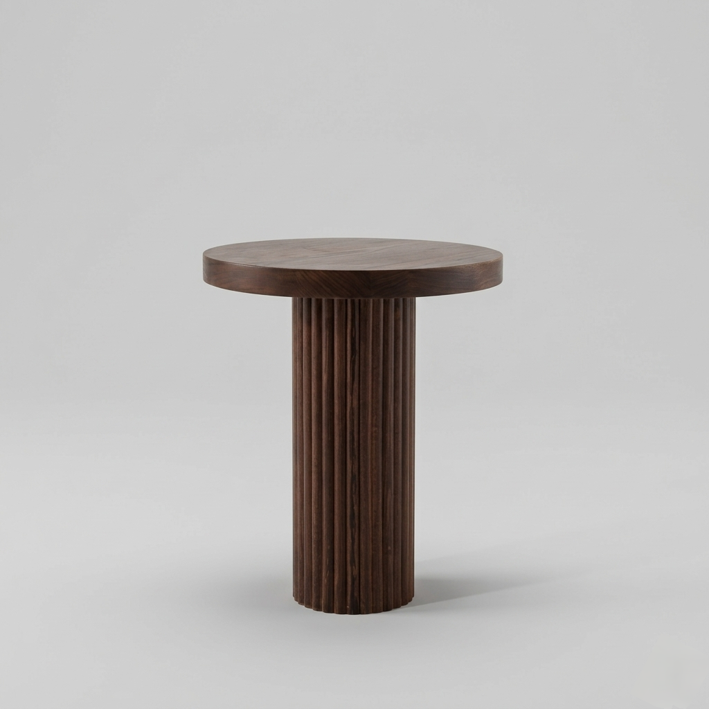 Wooden side table with a cylindrical base on a gray background
