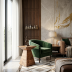 Modern living room with green armchair, wooden side table, and decorative wall art.