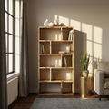 Wooden bookshelf in a room with a window, rug, and sofa.