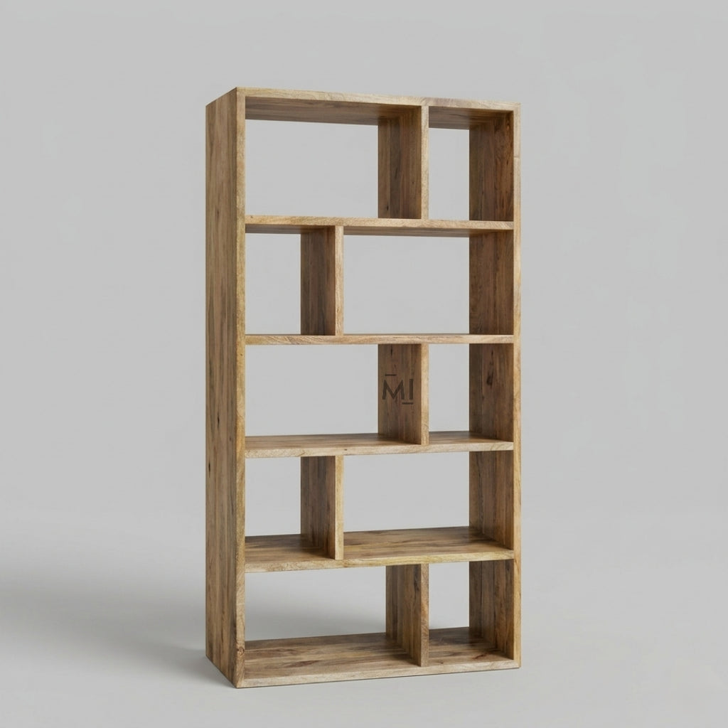 Wooden bookshelf with multiple shelves on a gray background