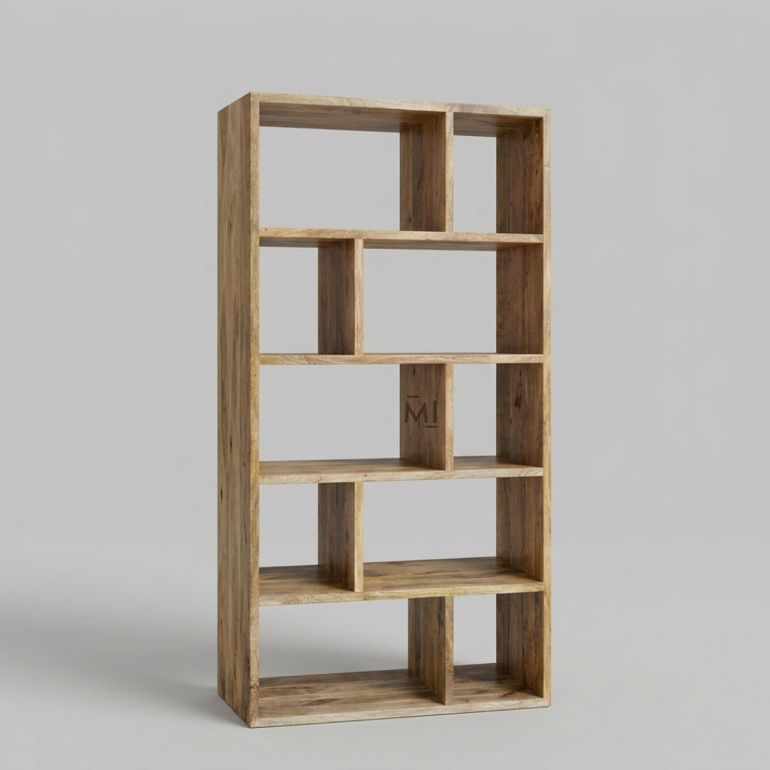 Wooden bookshelf with multiple shelves on a gray background