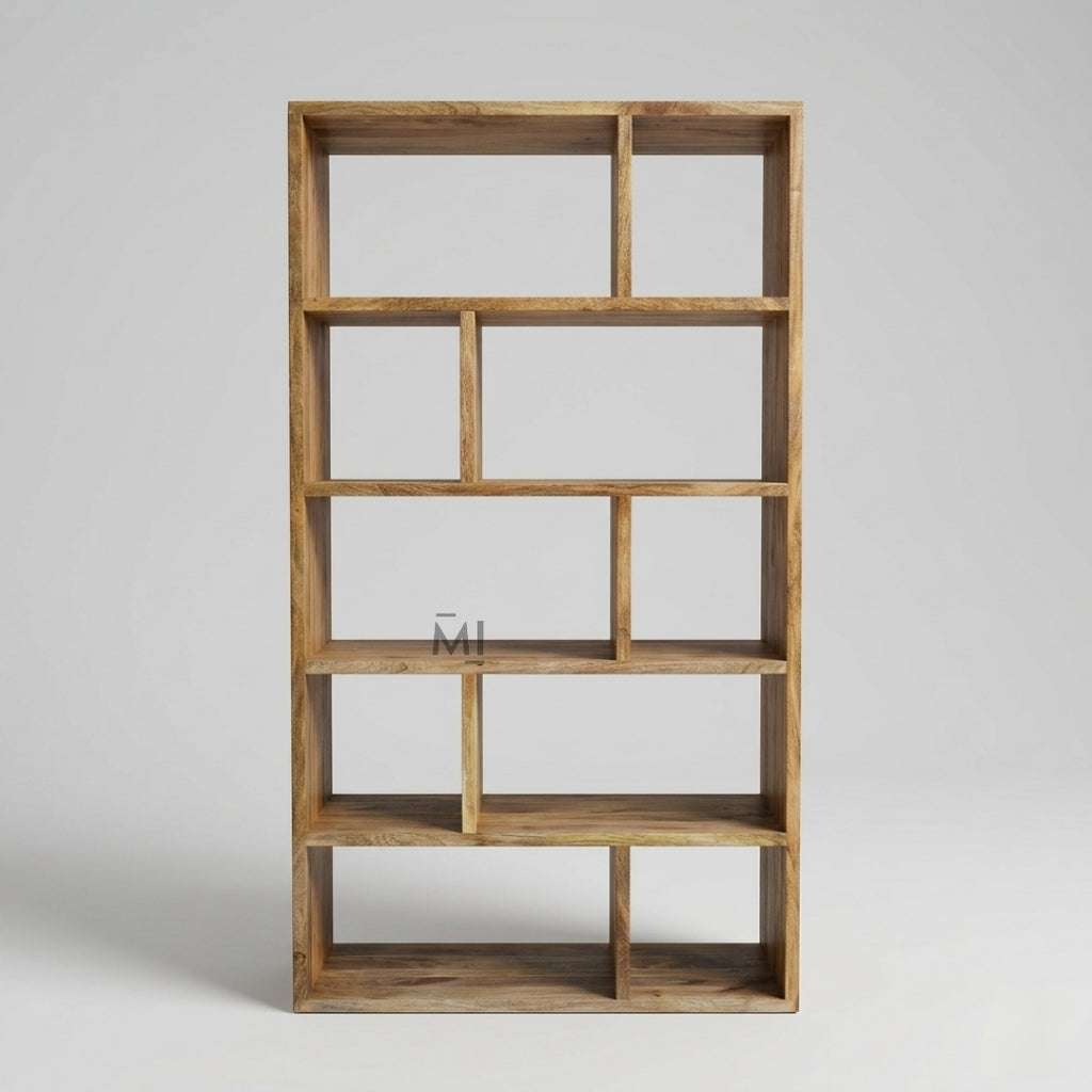 Wooden bookshelf with multiple shelves on a gray background