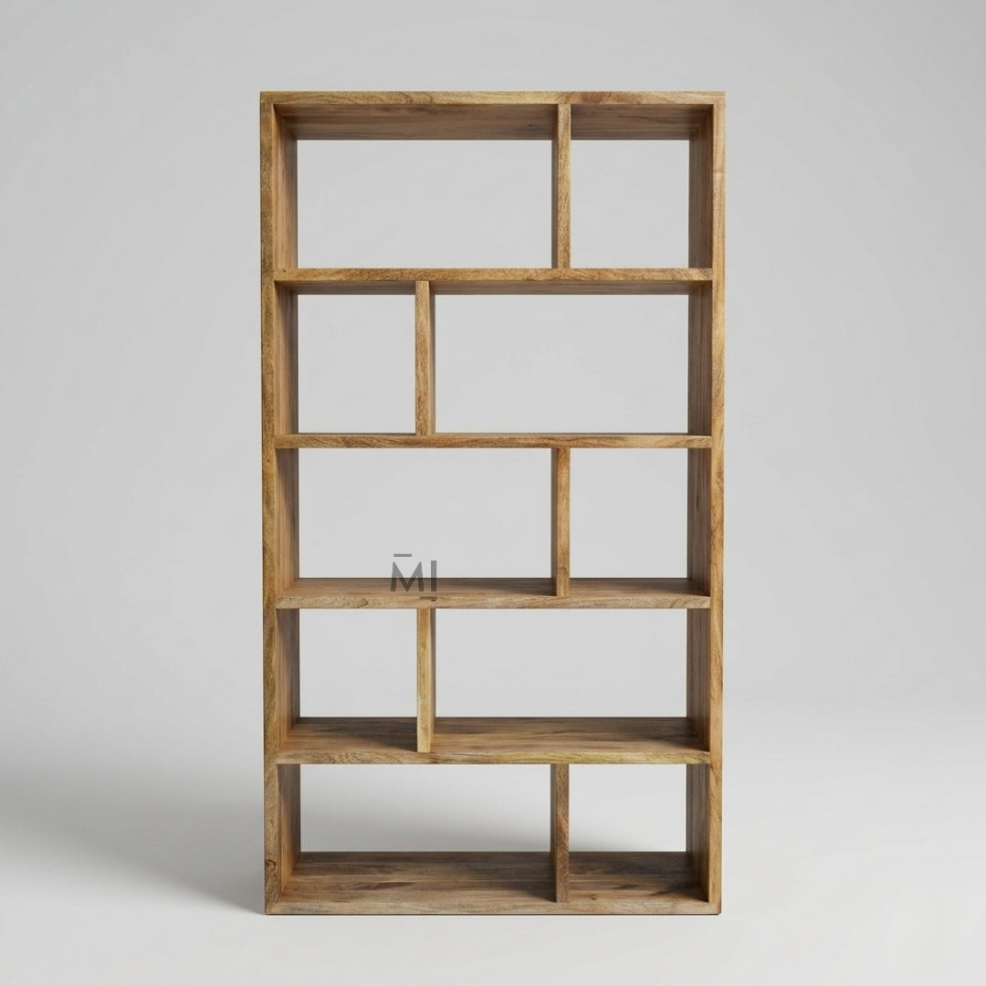 Wooden bookshelf with multiple shelves on a gray background