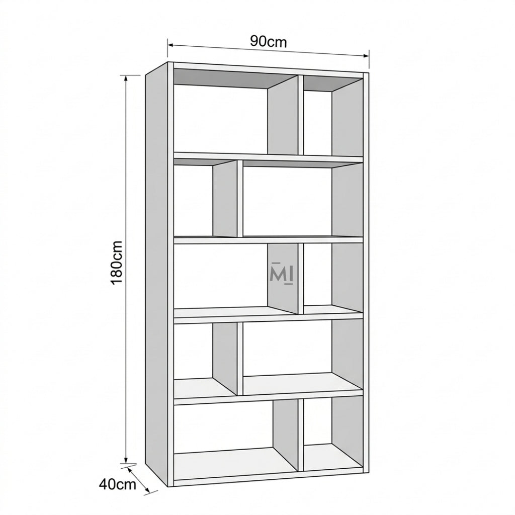 Dimensions of a bookshelf with clear measurements on a white background