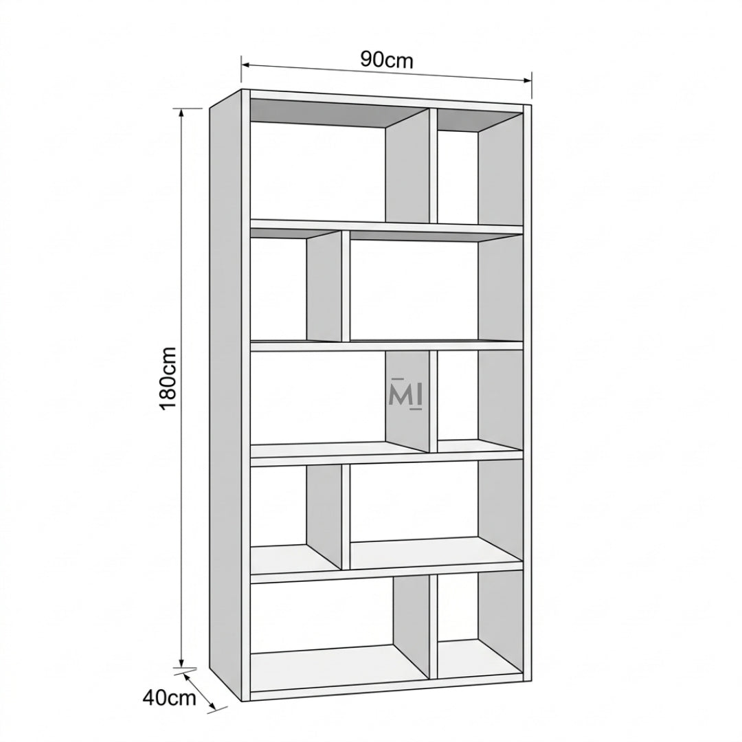 Dimensions of a bookshelf with clear measurements on a white background